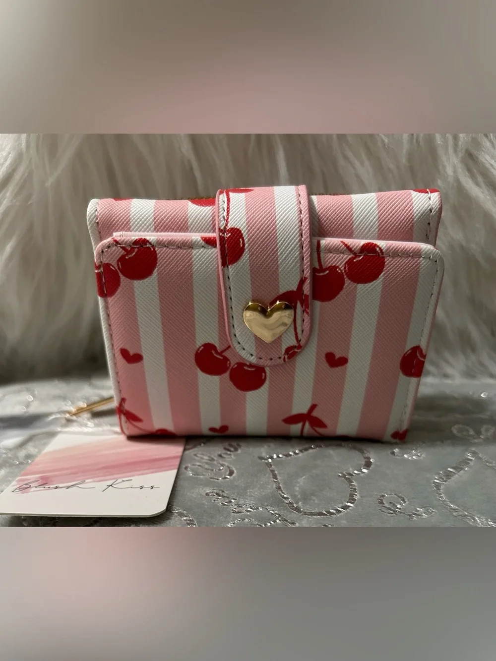 NWT Blush Kiss Size 4’x4’, Pink & White Stripe Cherry Wallet w/Gold Heart Accent